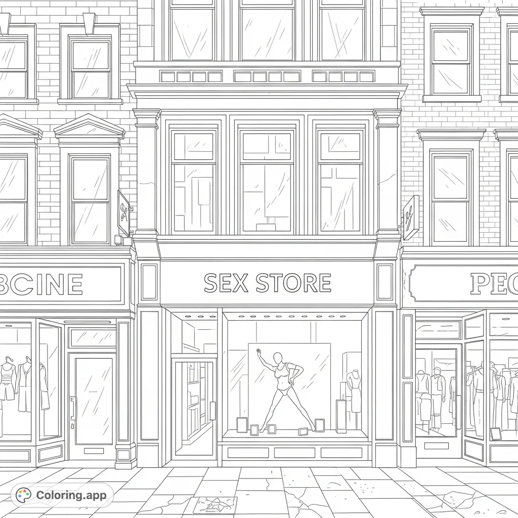 An adult-themed city sex store coloring page featuring a prominent mannequin in its display window, surrounded by other urban shops.