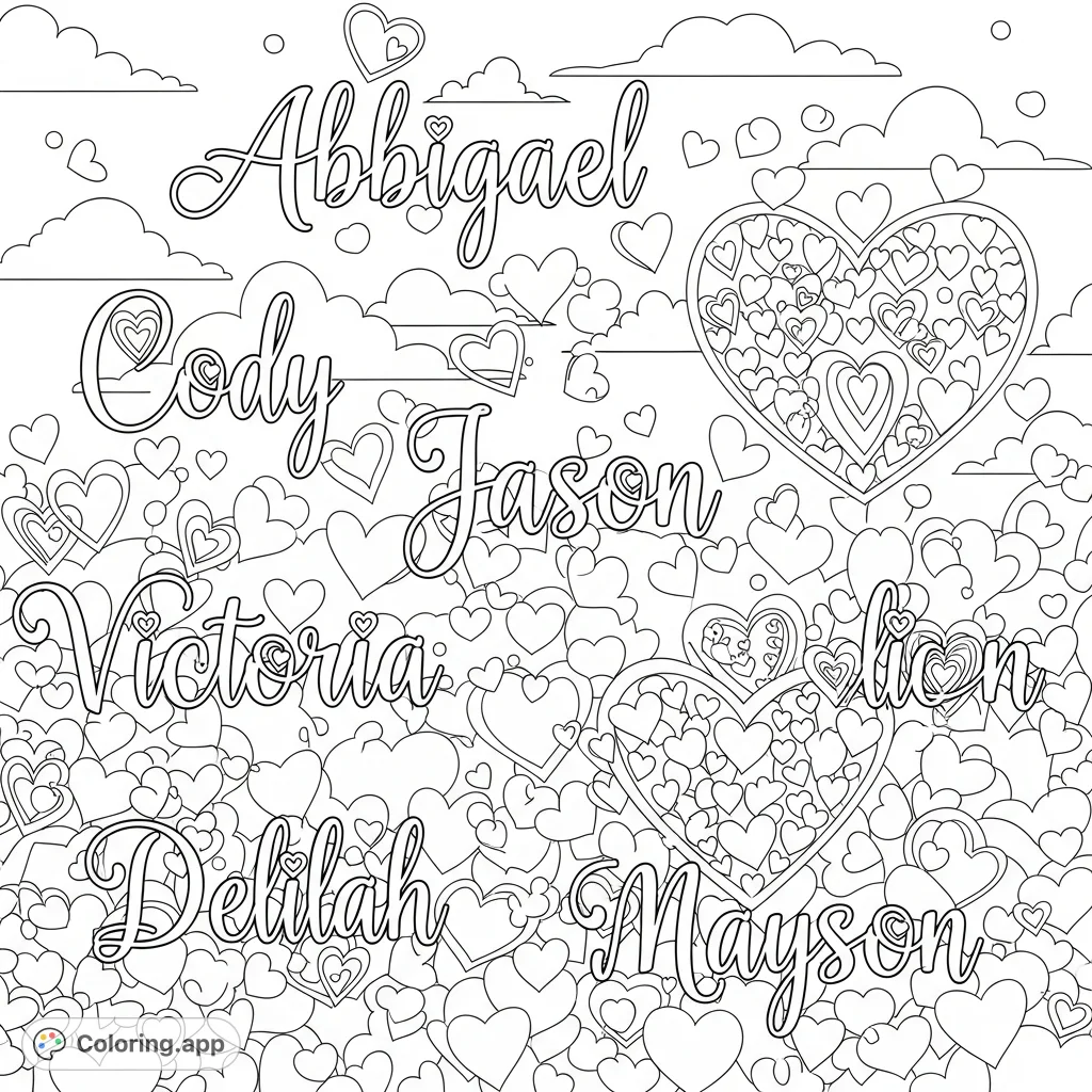 Color a charming page featuring names "Abbigael," "Cody," "Jason," "Victoria," "Delilah," "Mayson" in cursive, surrounded by various hearts.