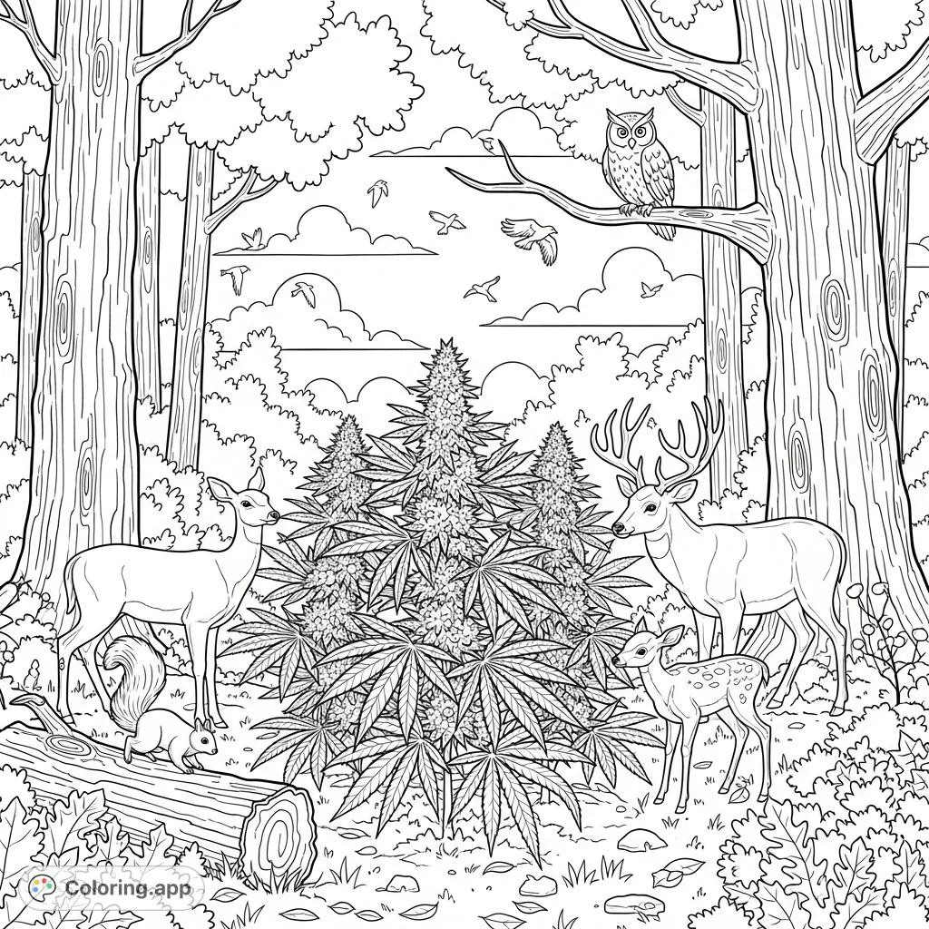 A unique forest scene featuring deer, an owl, and a squirrel among flowering cannabis plants. Perfect for adults seeking an unconventional and detailed coloring page.
