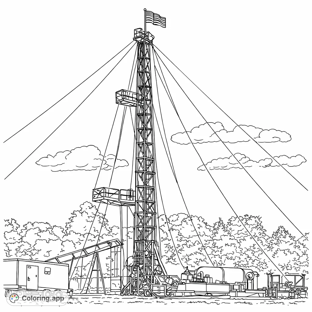 Explore a detailed industrial oil rig coloring page featuring a towering structure, machinery, and a flag against a dynamic sky. Free printable industrial coloring page for adults.