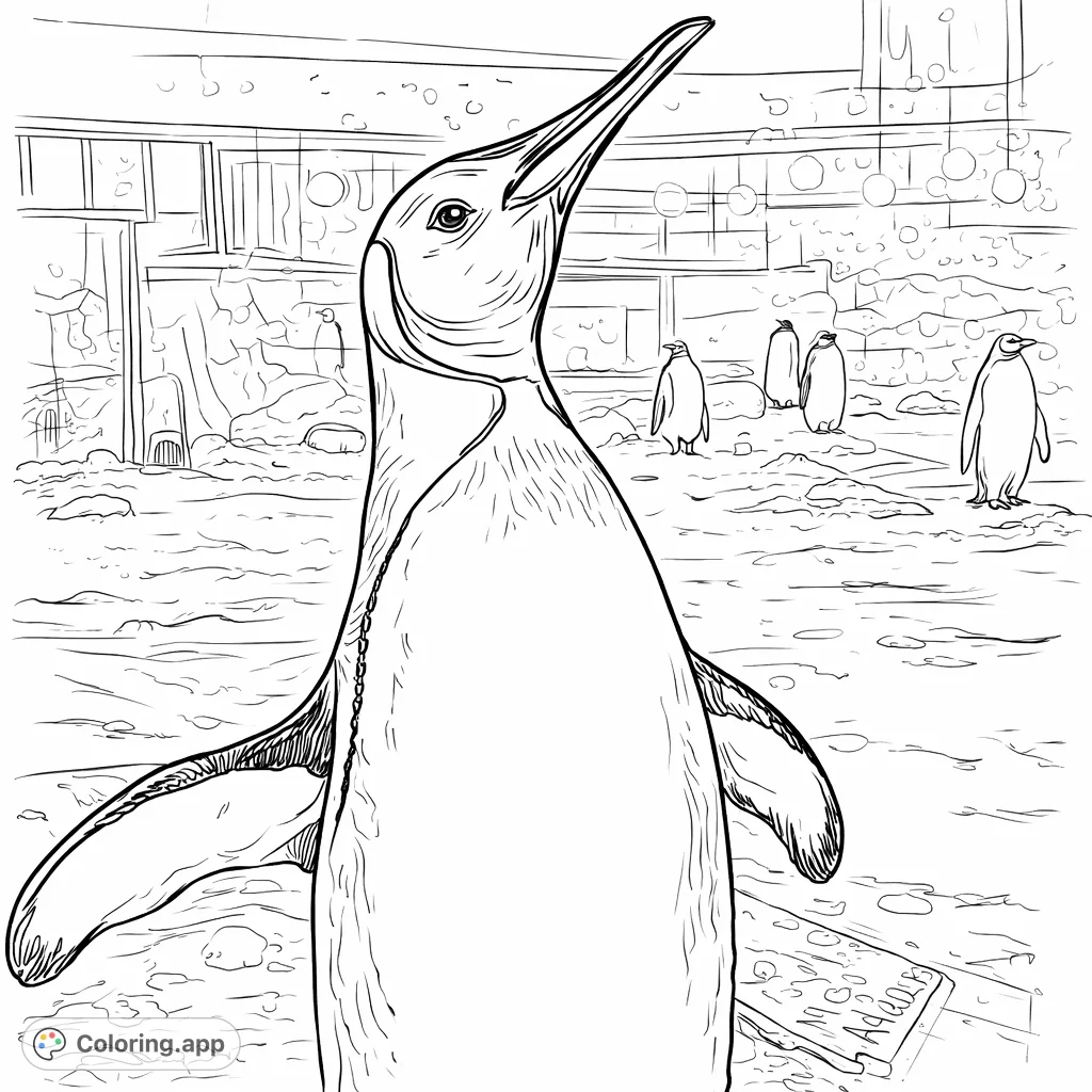 A grand penguin gazes skyward in its icy domain, surrounded by fellow penguins in a serene wildlife scene. Perfect for animal lovers of all ages!