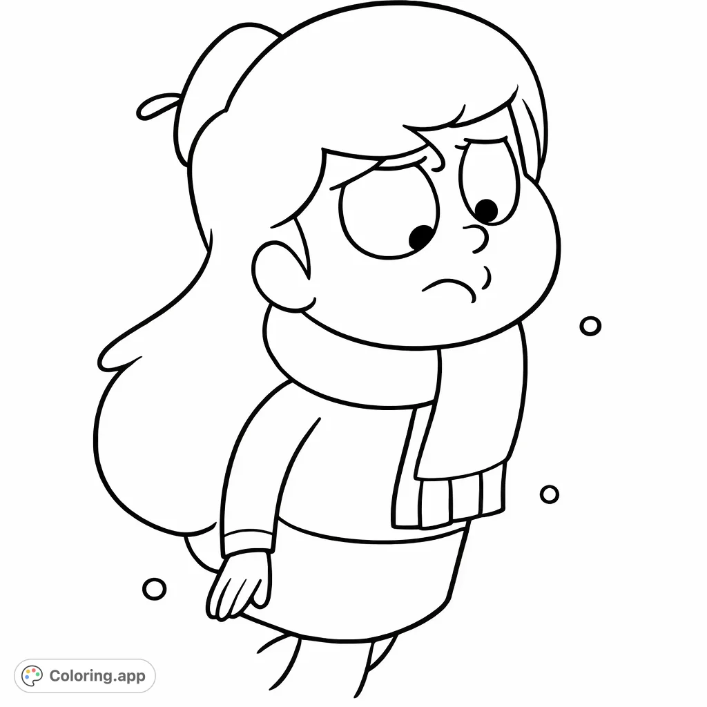 A charming Hilda character with puffed cheeks and a beret. This delightful coloring page invites imagination as she holds her breath amidst floating elements.