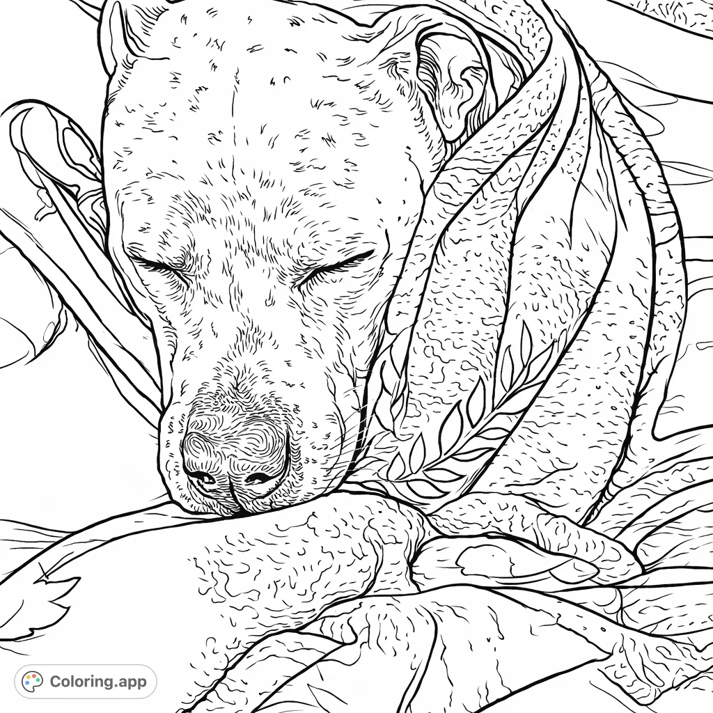 A heartwarming coloring page featuring a speckled dog peacefully asleep, nestled under soft, patterned blankets. Perfect for relaxation.