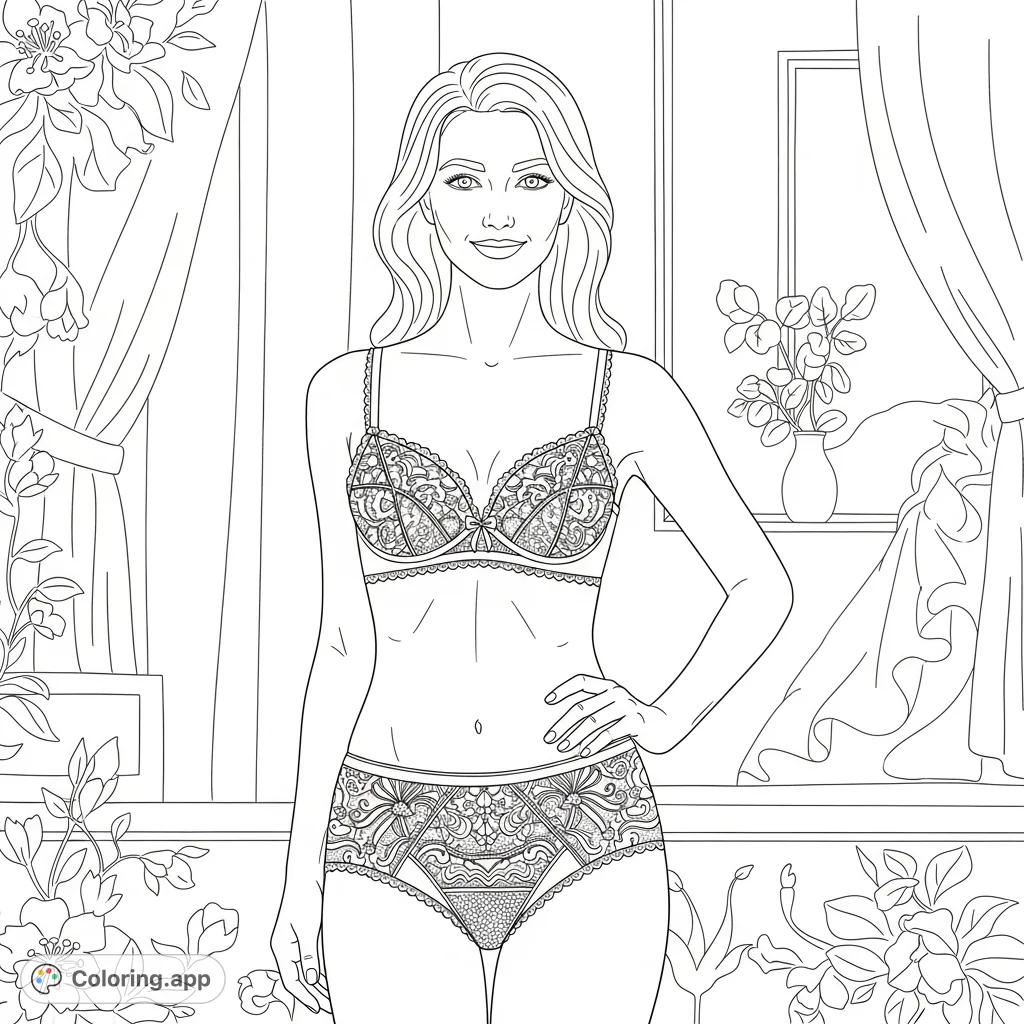 An elegant lingerie woman, exuding confidence and joy. Features delicate fabrics and ornate details in a serene setting, inviting creative expression.