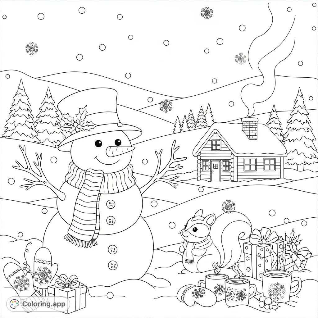 Explore a delightful winter scene with a friendly snowman, playful animals, a cozy cabin, and festive elements perfect for a peaceful coloring adventure.