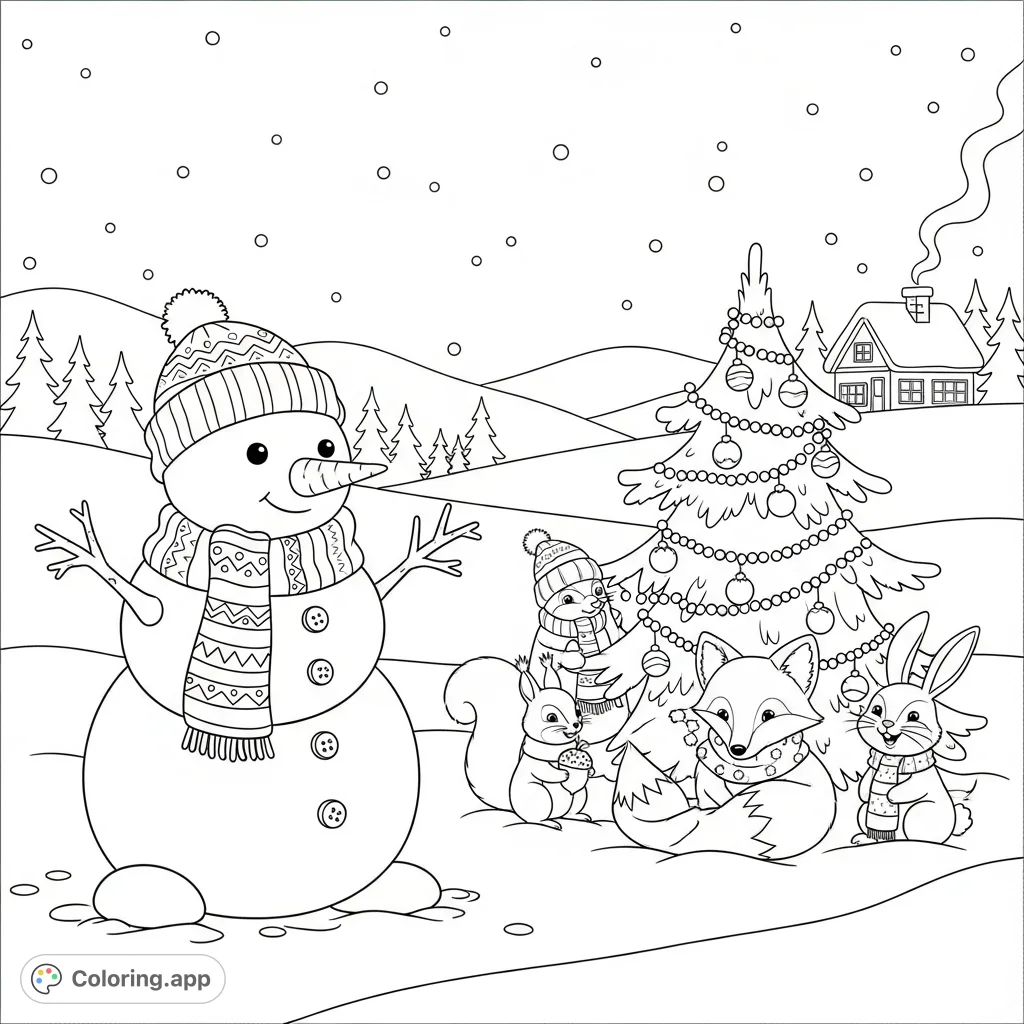 Explore a charming winter scene with a friendly snowman, playful forest animals, and a cozy cottage, perfect for sparking winter imagination and holiday cheer in kids.