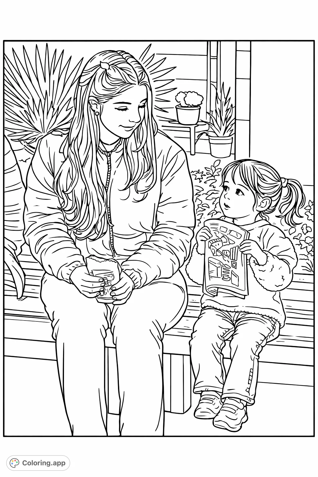 A heartwarming family scene featuring a woman and a child seated on a bench, captured in delightful detail for creative coloring.