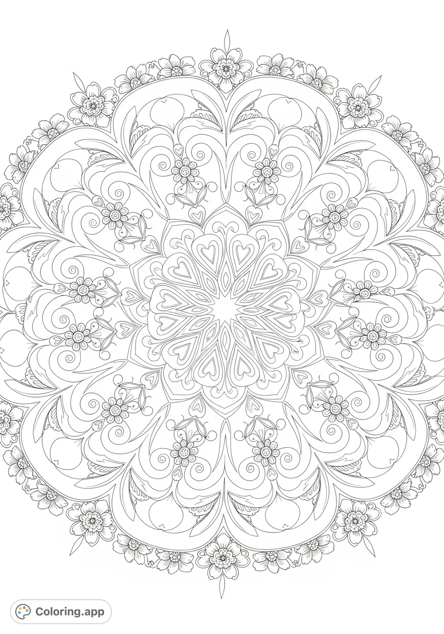 An intricate mandala coloring page featuring stylized flowers, delicate hearts, and elegant swirls, perfect for detailed coloring and relaxation.