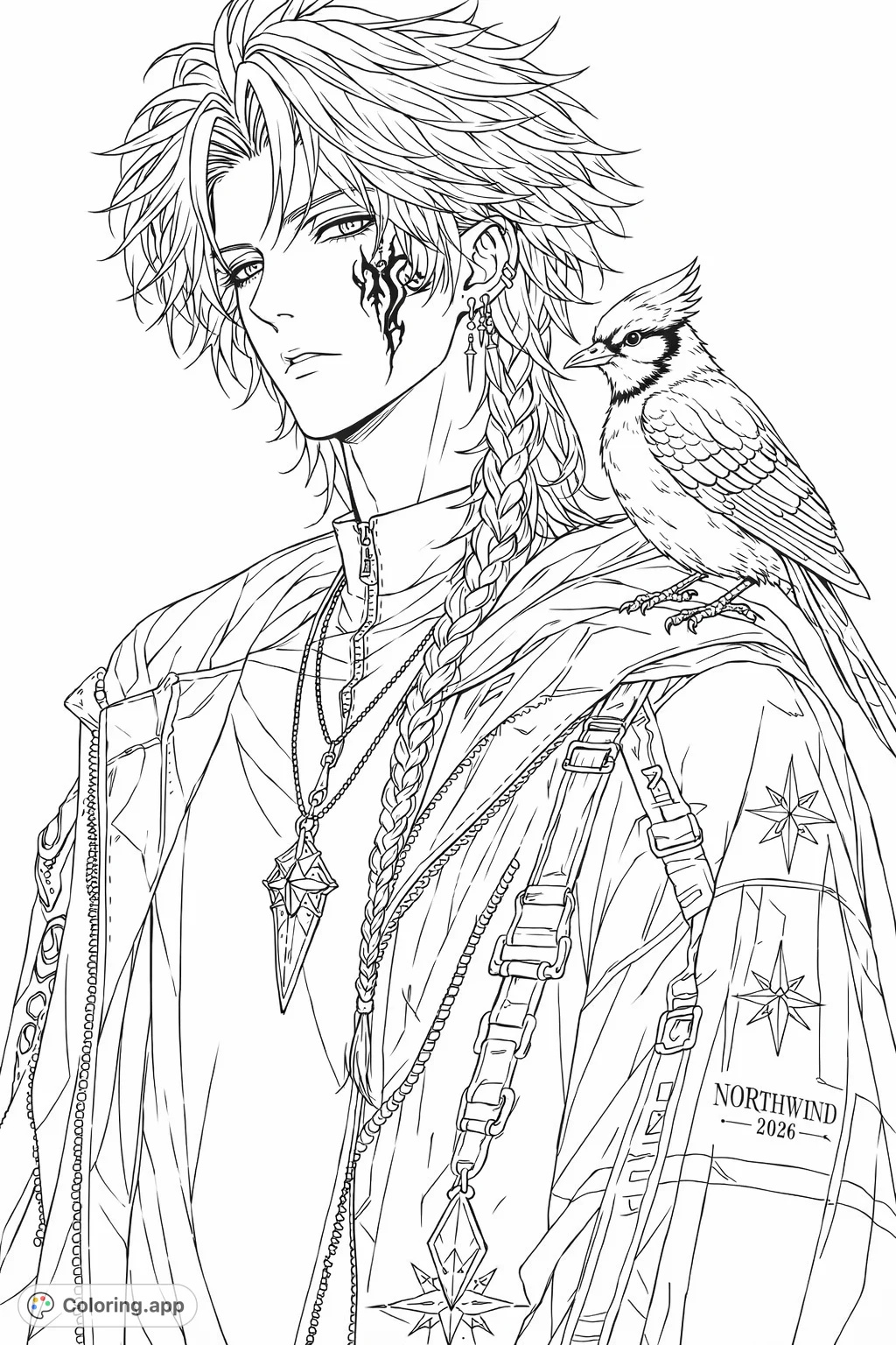 Color a striking anime character with braided hair, intricate jacket details, and a bird companion on his shoulder, set against an abstract, geometric background.