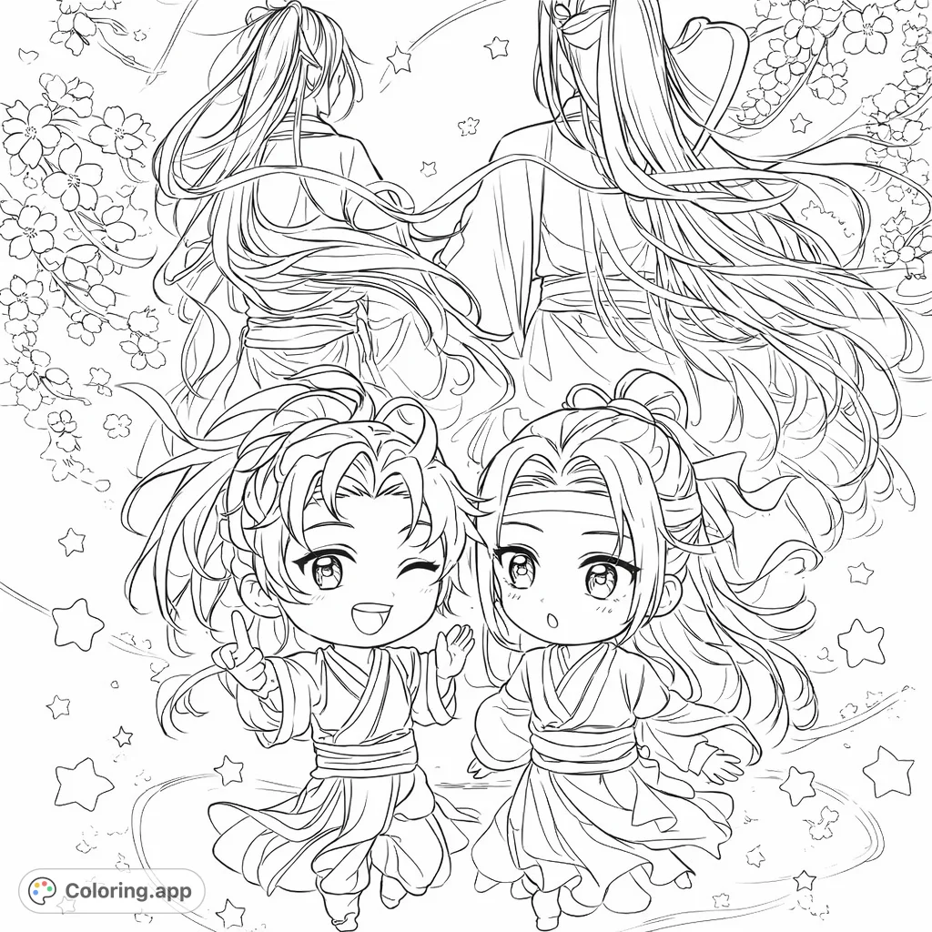 Discover a captivating scene with two grand figures and two playful chibis amidst blossoming branches and cosmic elements. A delightful coloring adventure awaits.