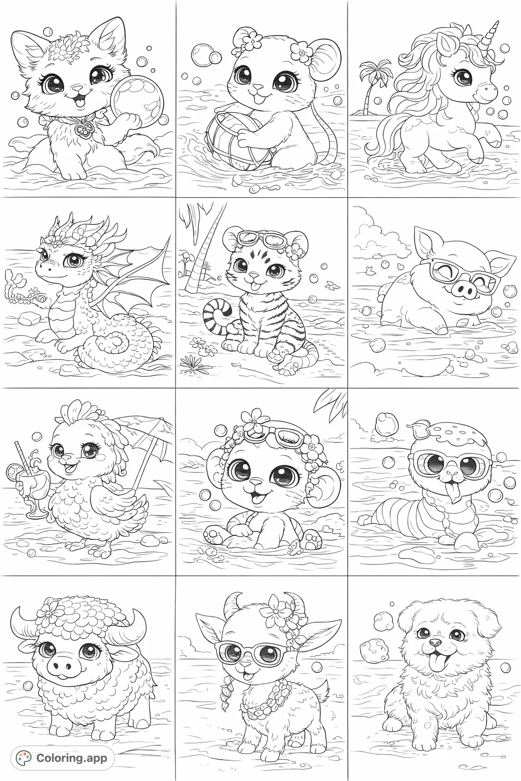 Adorable animals enjoying a sunny beach day, complete with sunglasses, drinks, and playful splashes. Perfect for a fun summer coloring adventure!