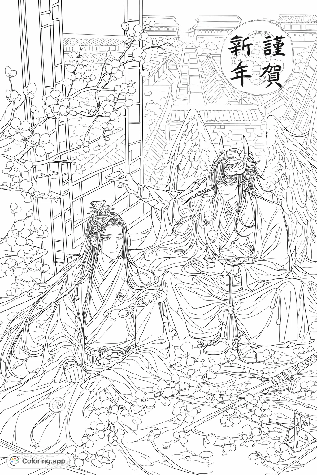 Experience a serene Eastern scene with two captivating figures, one winged, surrounded by delicate blossoms and traditional architecture. Perfect for intricate coloring.