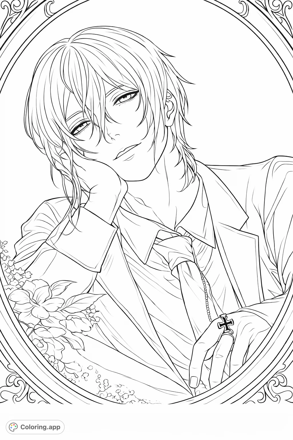 Color this refined portrait of a character with a thoughtful gaze, adorned with an ornate frame and a chess piece, offering a sophisticated coloring experience.