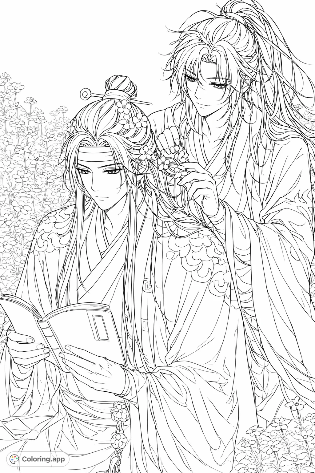 Two figures in traditional attire share a tender moment in a flowery field. One reads a book while the other gently adorns his hair with blossoms.