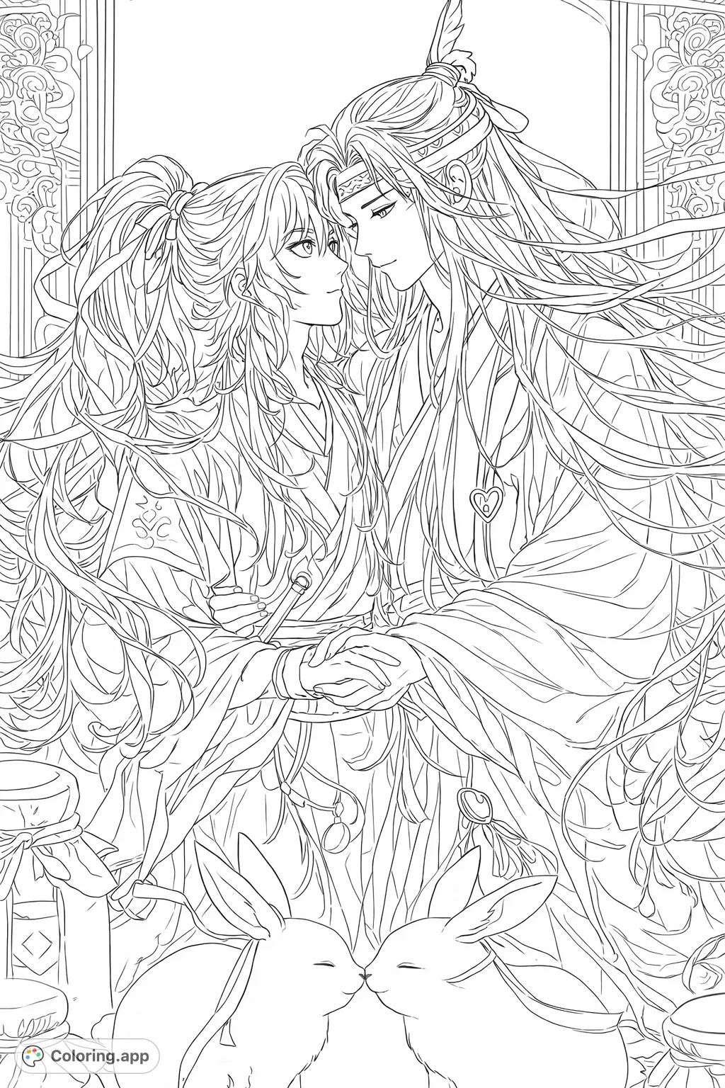 An enchanting fantasy scene of two beloved figures in a tender embrace, surrounded by flowing robes, intricate details, and charming rabbits, inviting a tranquil coloring experience.