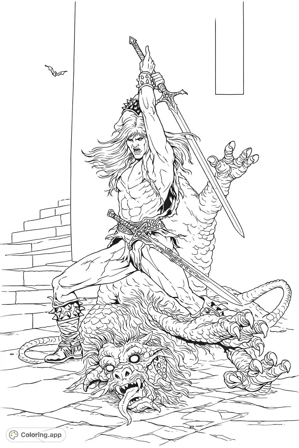 Experience an epic fantasy battle! A fierce warrior with a sword stands victorious over a formidable reptilian beast within ancient stone ruins.