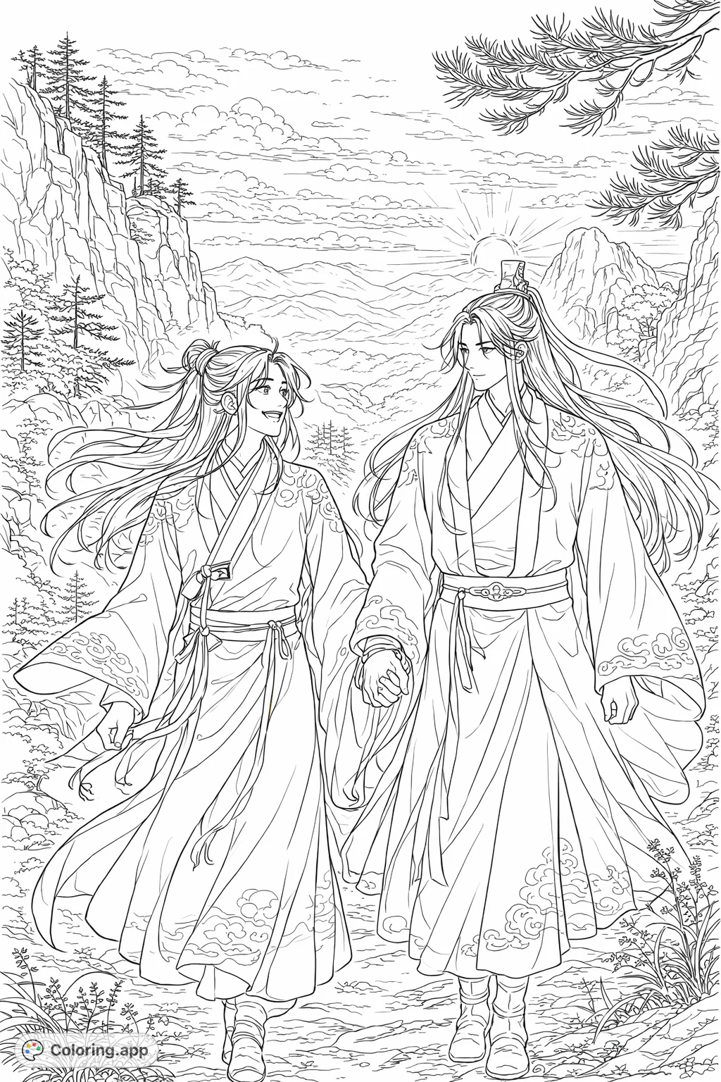 Two figures in traditional attire walk hand-in-hand on a scenic mountain path, surrounded by towering cliffs and distant peaks. A peaceful journey into nature.