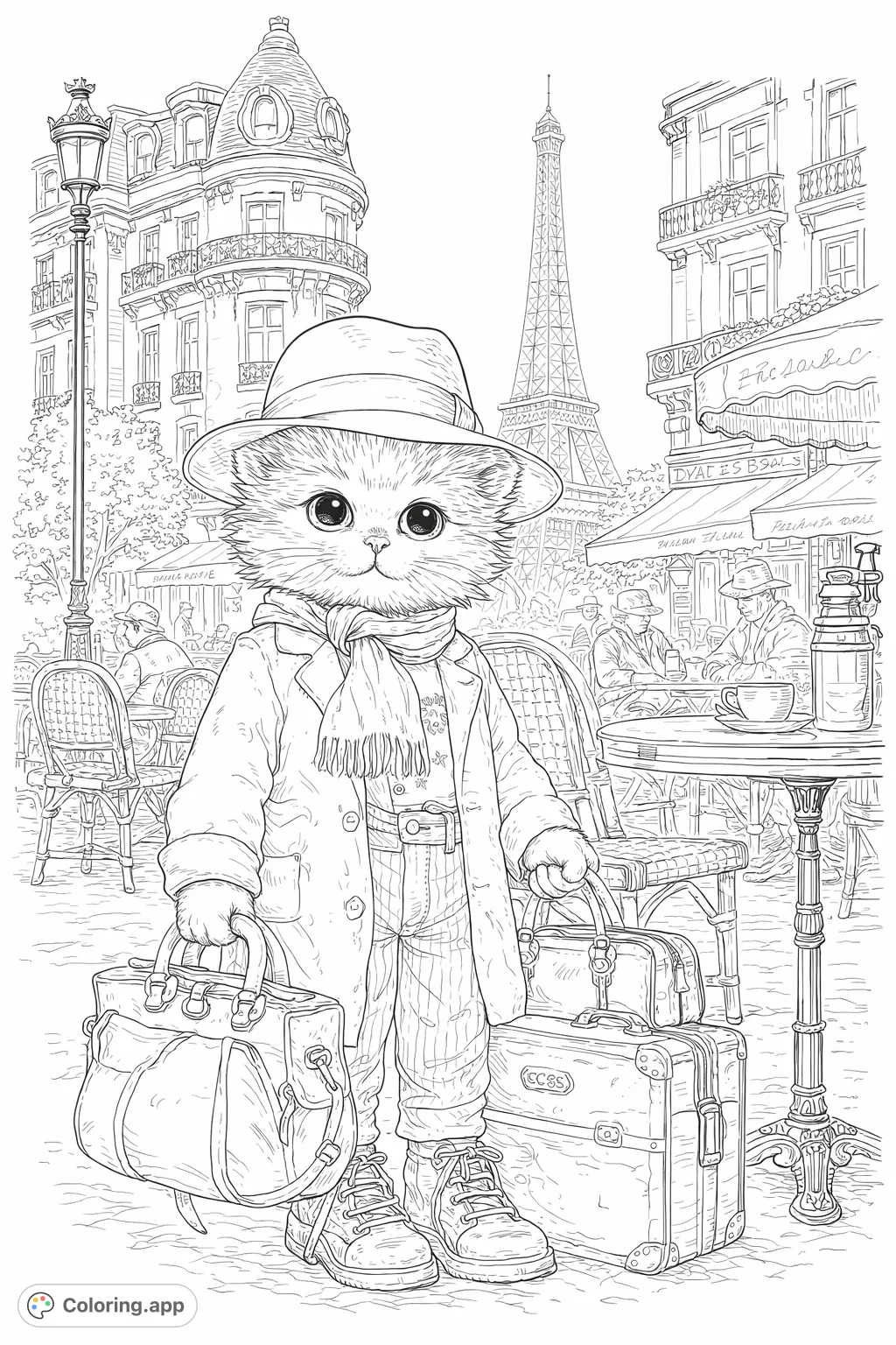 An elegantly dressed cat traveler with luggage stands on a charming Parisian street, featuring iconic architecture and a cafe scene in the background.