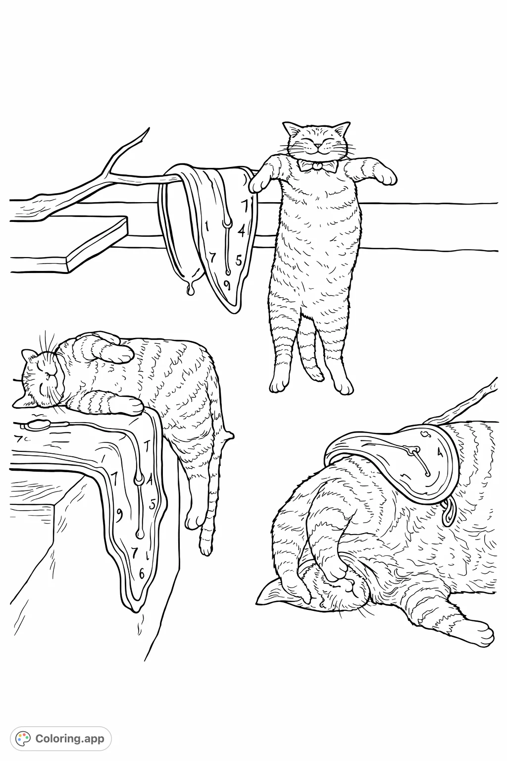 Enter a dreamlike world with a surreal cat coloring page featuring whimsical felines interacting with melting clocks in a vast, open landscape.