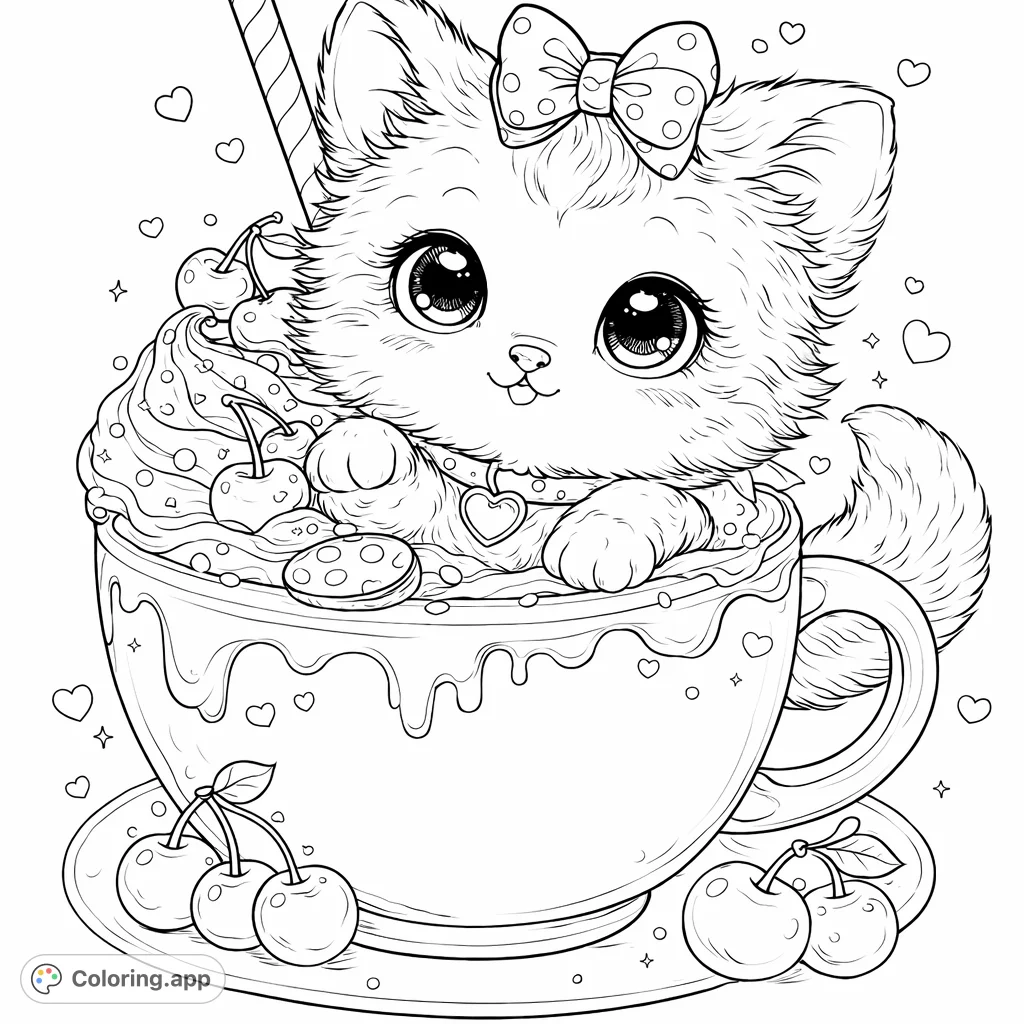 A delightful kitten-like creature playfully peeking from a mug filled with a whipped treat, adorned with cherries, sprinkles, and heart candies. A truly adorable scene!