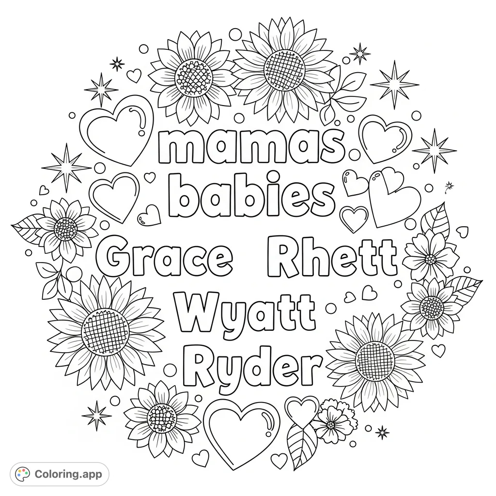 Celebrate family and friendship with this heartwarming 'mamas babies' coloring page featuring names, hearts, flowers, and stars for a truly personal touch.