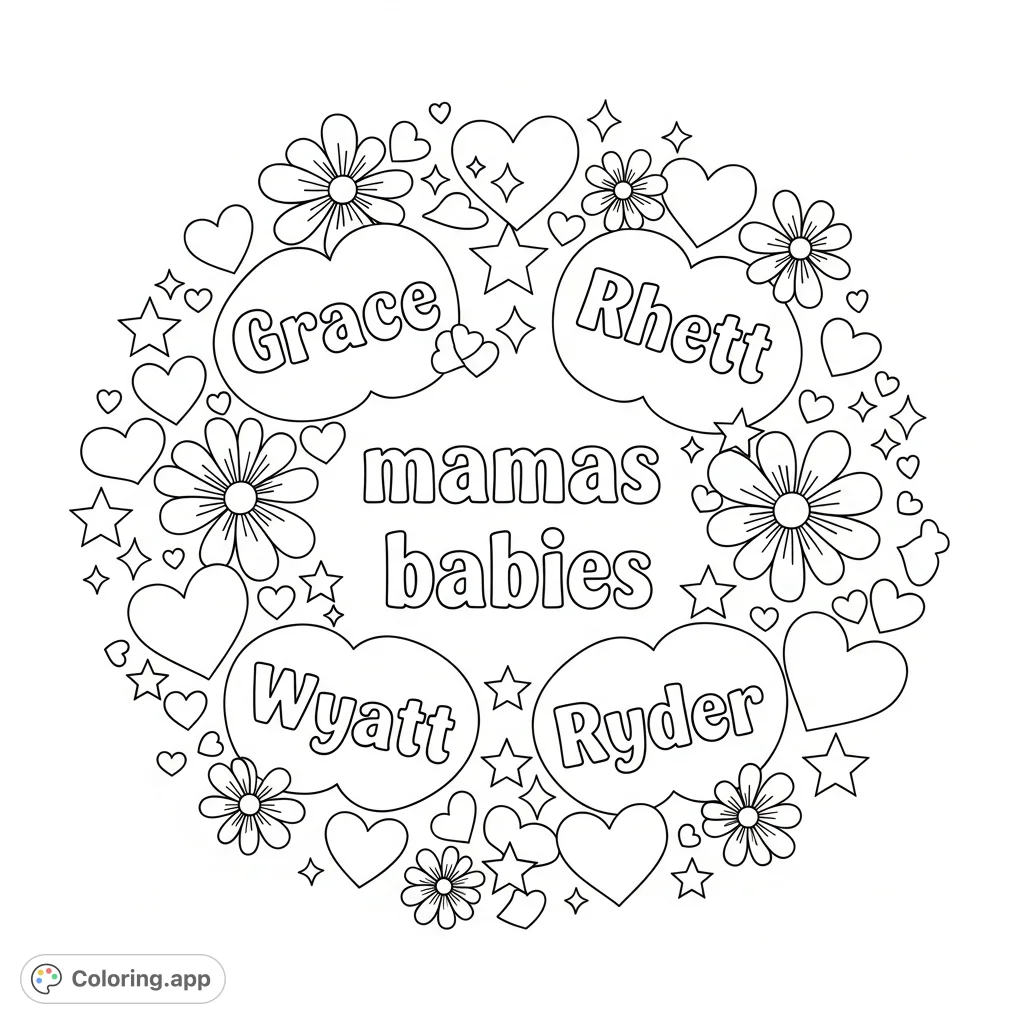 Celebrate family bonds with this free printable friendship coloring page featuring 'mamas babies', names Grace, Rhett, Wyatt, Ryder, and cheerful designs.