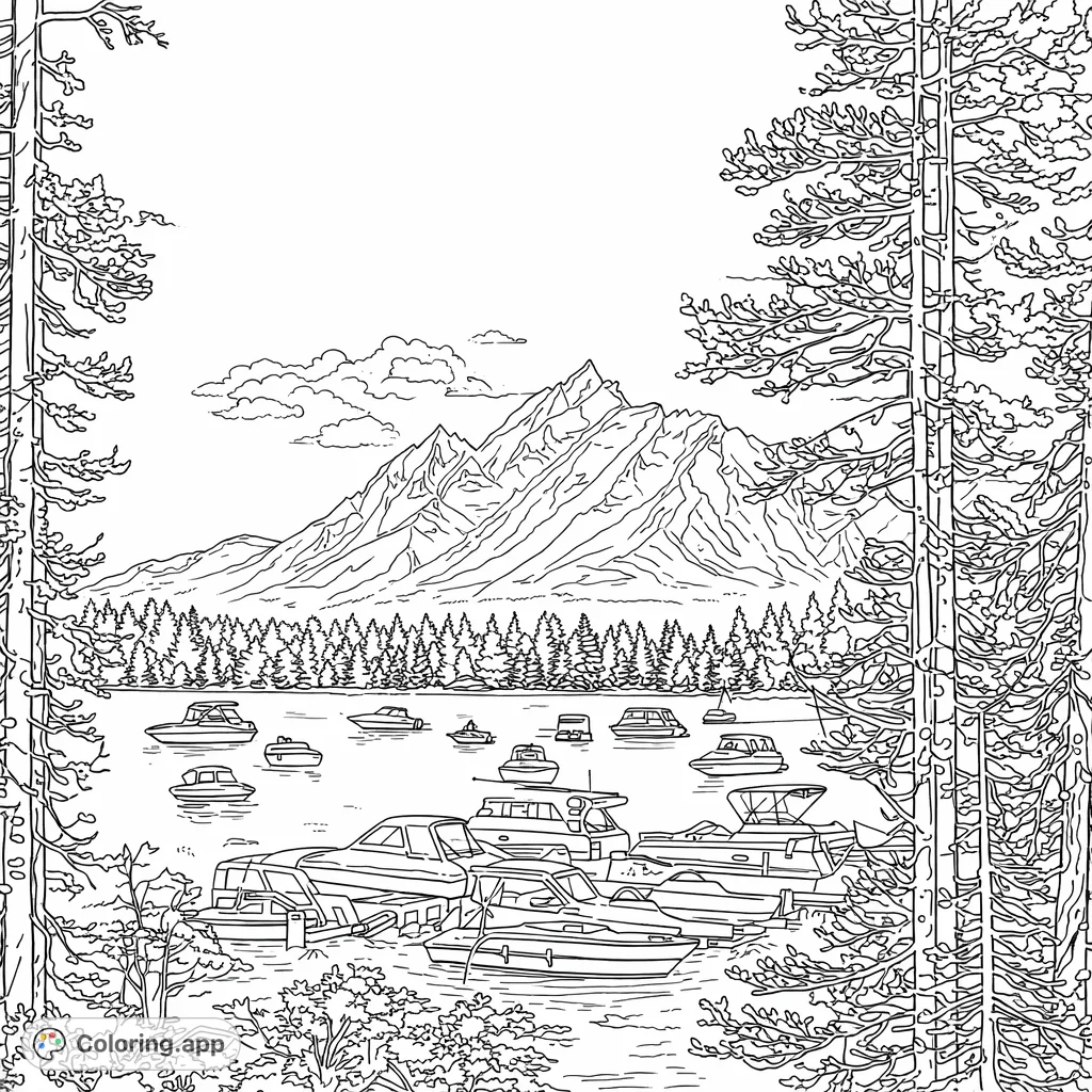 A serene mountain lake vista featuring numerous boats in a marina, framed by tall pine trees, with majestic peaks in the distant background, inviting peaceful coloring.