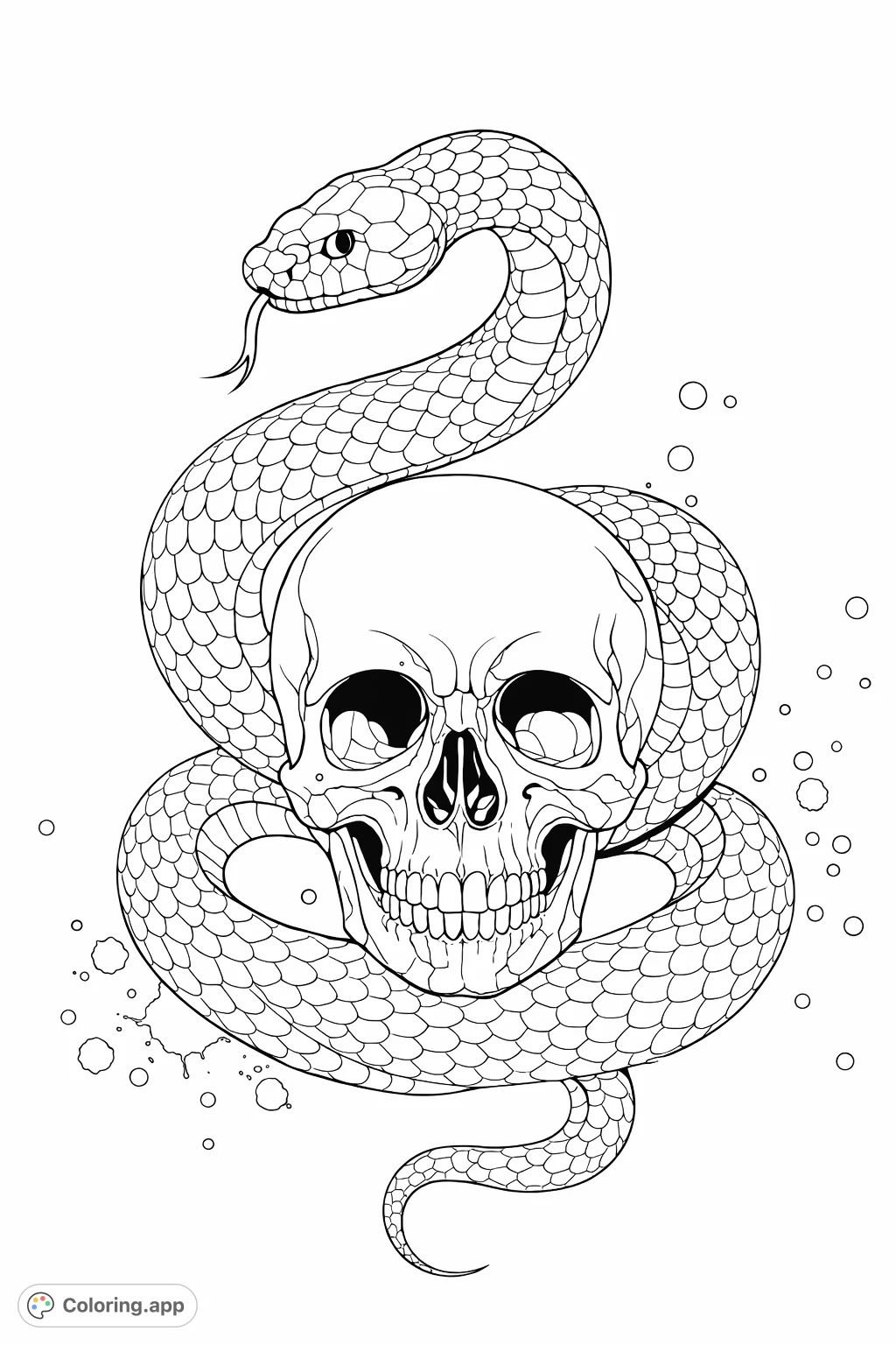 An intricate serpent coils around a human skull, featuring detailed scales and expressive forms. A symbolic design for mindful coloring and creative expression.