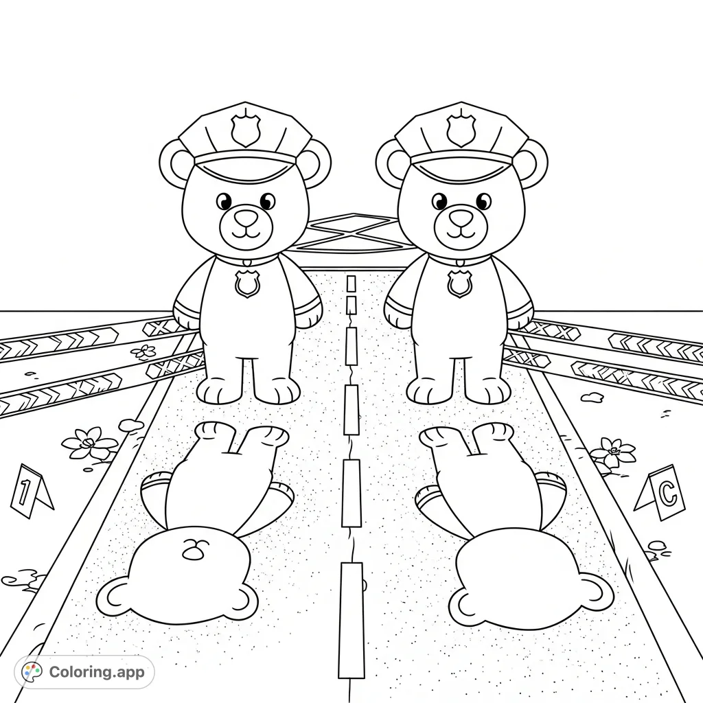 Two cute Bobbie Goods style bears, dressed as police, investigate a mysterious crime scene on a road, marked by bear silhouettes and patterned tape.