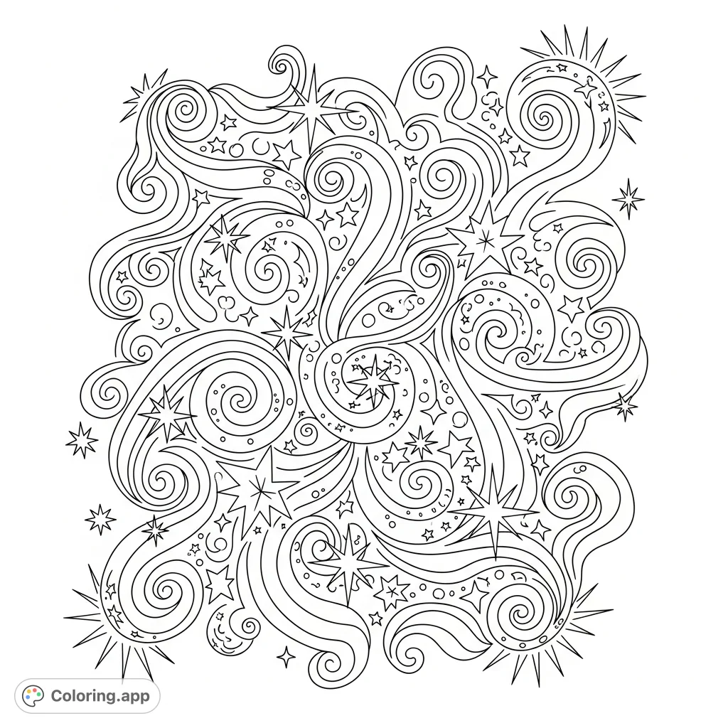 An abstract doodle coloring page filled with intricate swirls and numerous shining stars. A dynamic design perfect for imaginative colorists of all ages.