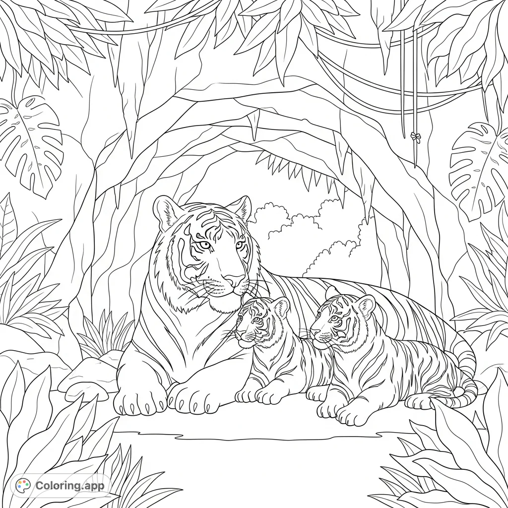 A heartwarming jungle scene featuring a protective mother tiger and her two playful cubs at a cave entrance, surrounded by lush foliage. A perfect jungle animal coloring page.
