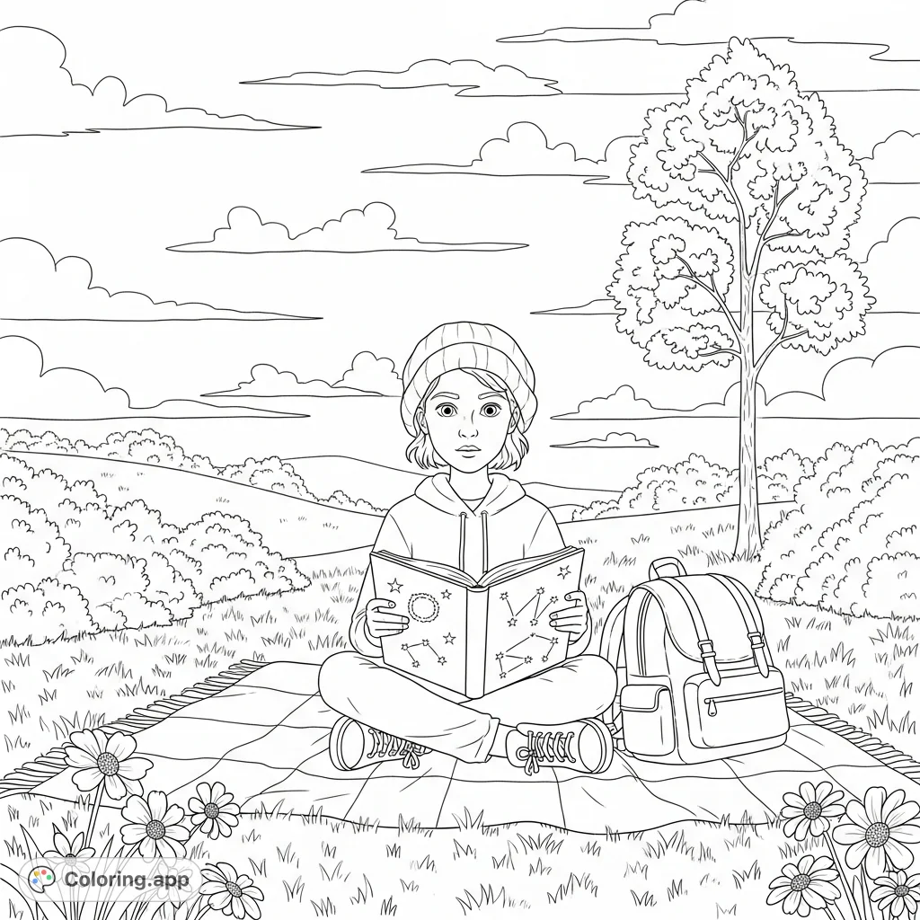 Join Ayden Fourie, a young explorer, as they delve into a book of constellations amidst a tranquil natural landscape, perfect for imaginative coloring.