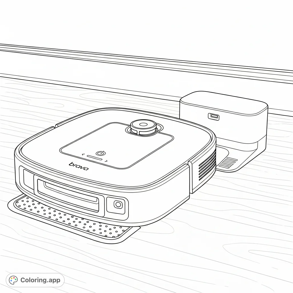 Explore the sophisticated design of a Brava Jet Mop Vacuum, poised on a clean floor. This tech-themed coloring page offers a modern creative challenge.