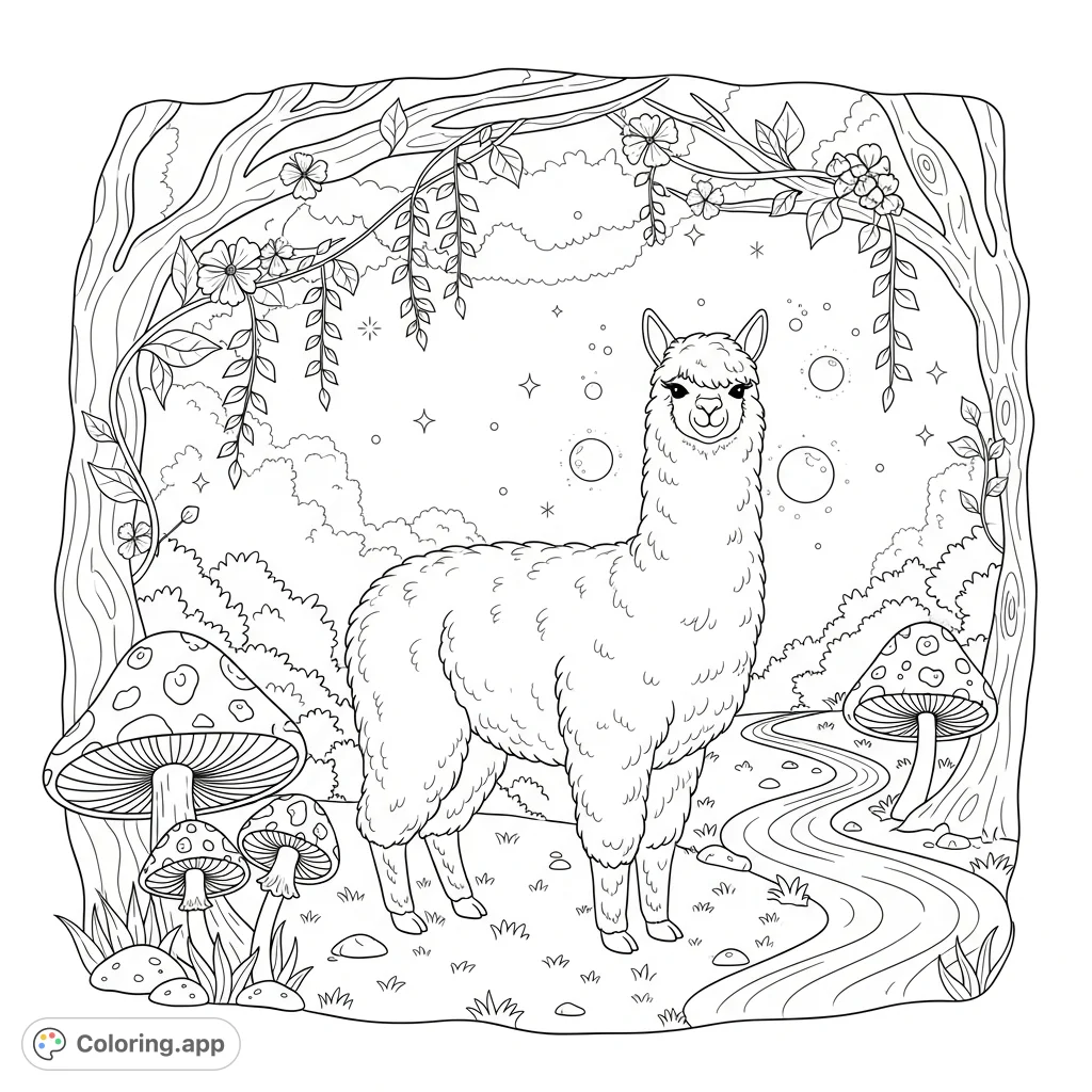 A charming alpaca nestled in a whimsical, enchanted forest with towering mushrooms, sparkling dust, and delicate flora. Perfect for a magical coloring adventure.