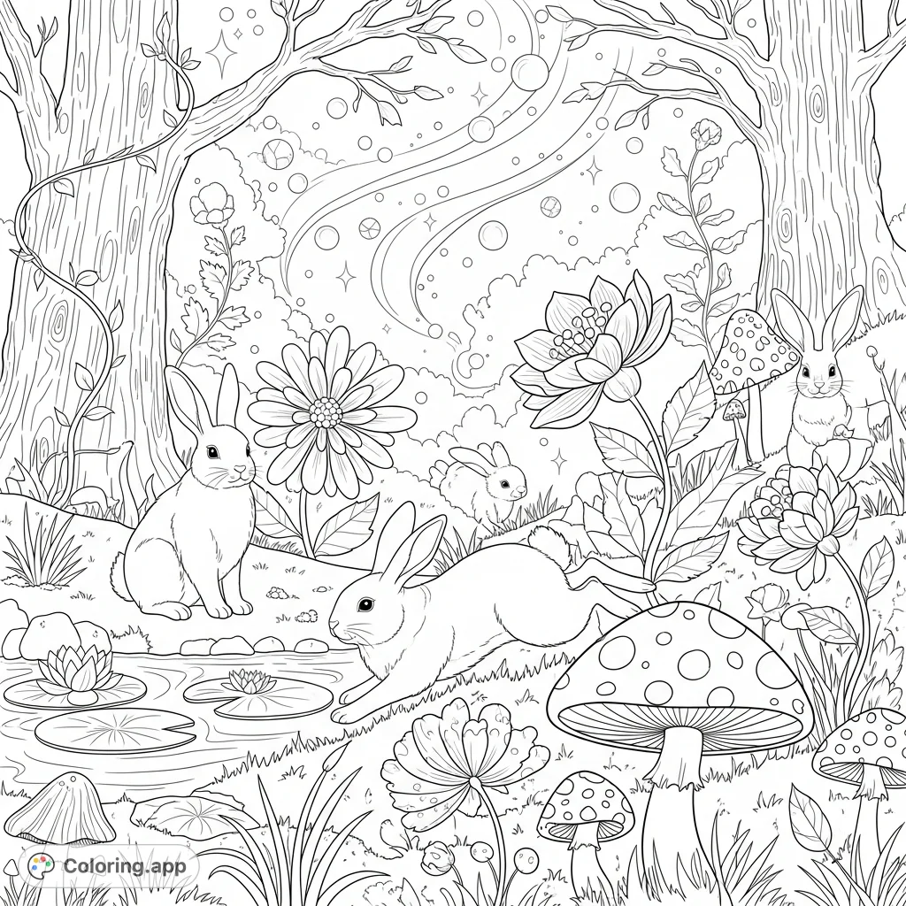Charming rabbits frolic in an enchanting fairy-tale landscape with whimsical flowers, spotted mushrooms, and sparkling magic. A delightful fairy rabbit coloring page for all.