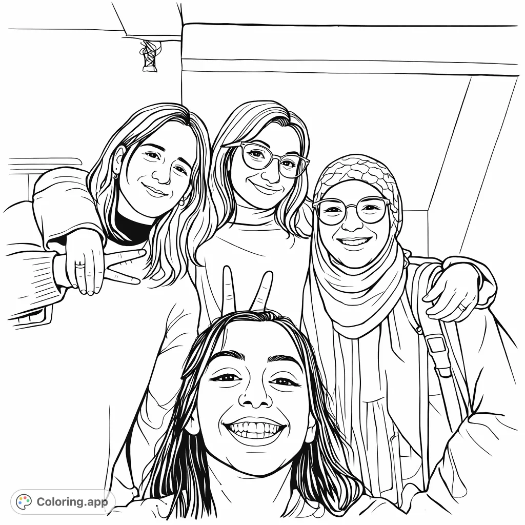 Capture the joyful spirit of friendship with this portrait featuring four smiling young women. A perfect friendship coloring page for creative expression and connection.