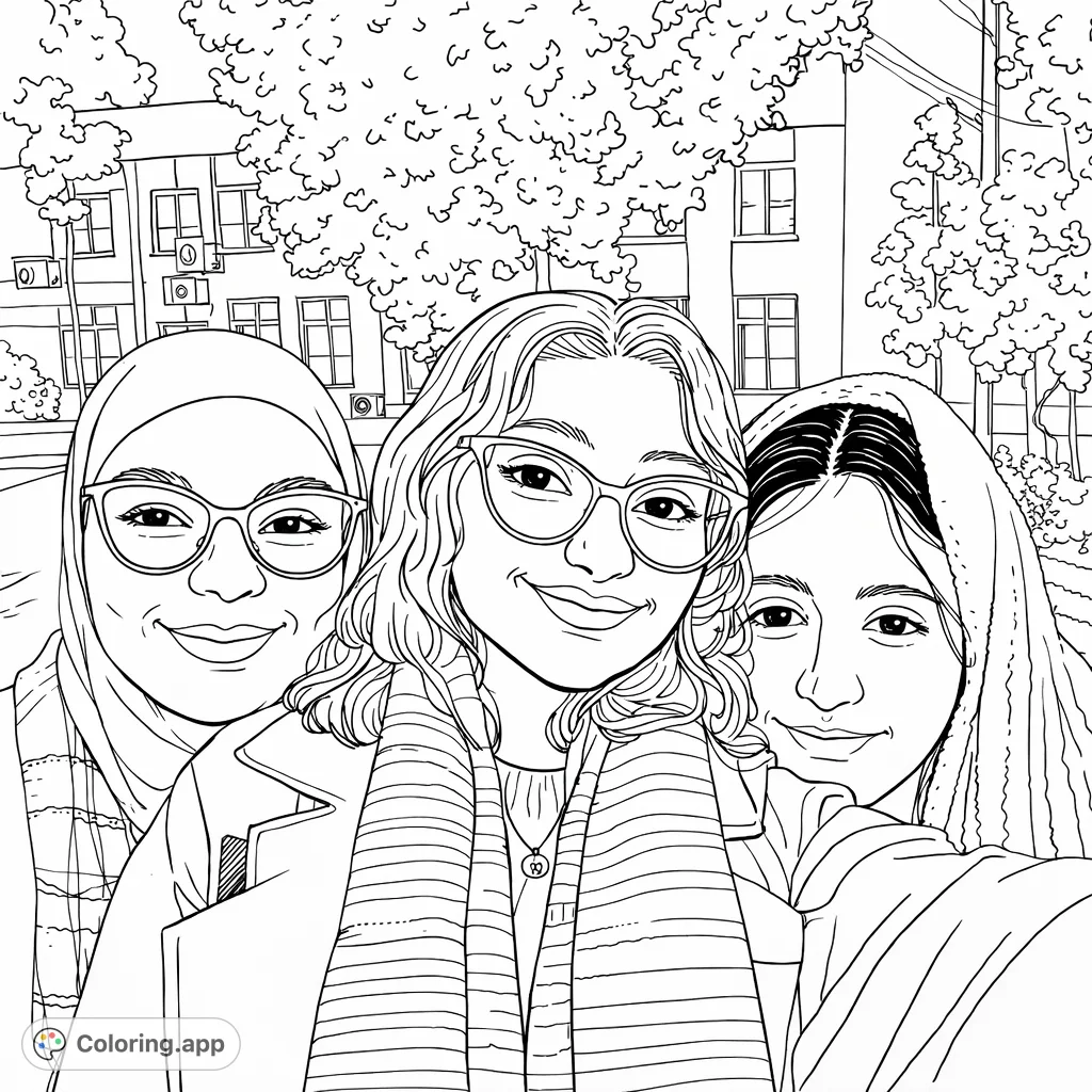 Capture the bond of friendship with this uplifting coloring page. Three happy friends pose together in an outdoor setting, ready for your creative touch.