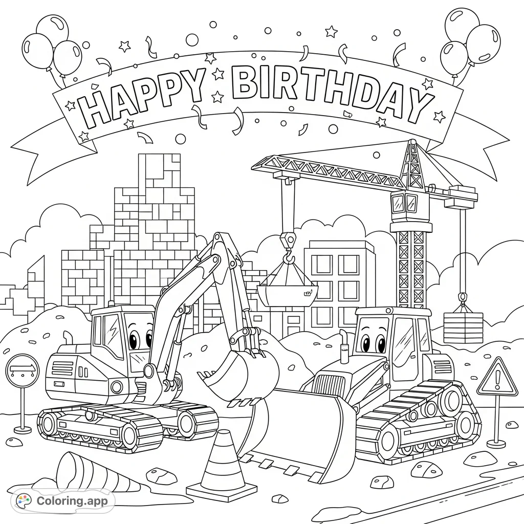 Celebrate with a lively construction-themed "Happy Birthday" coloring page featuring friendly vehicles, a building site, and festive details. Perfect for young builders!