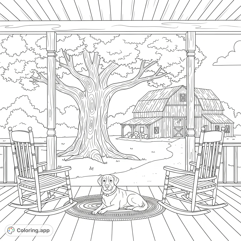 A charming cartoon farmhouse porch, complete with rocking chairs and a relaxed dog. A large tree and rustic barn frame this inviting rural setting.