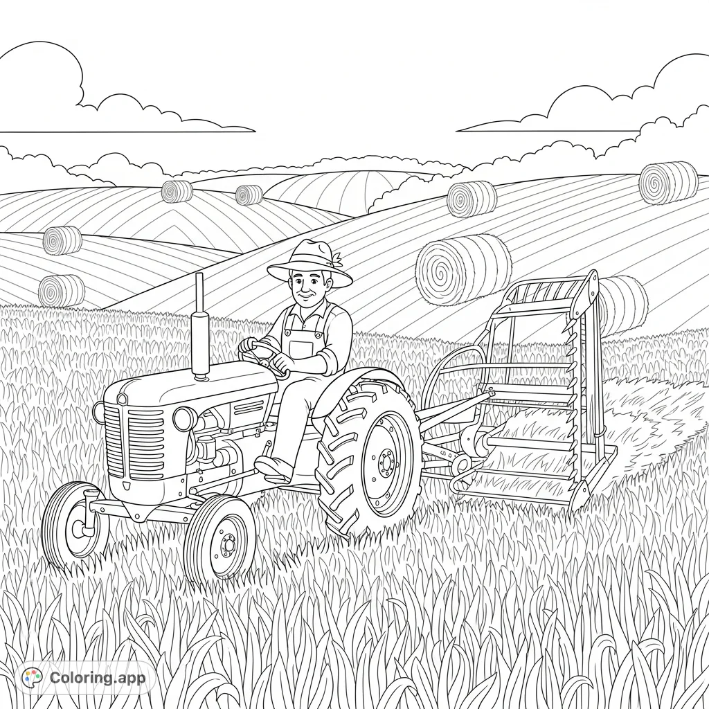 Experience a charming farmhouse scene with a farmer on a tractor cutting hay amidst rolling hills and scattered hay bales. A delightful farm life coloring page.