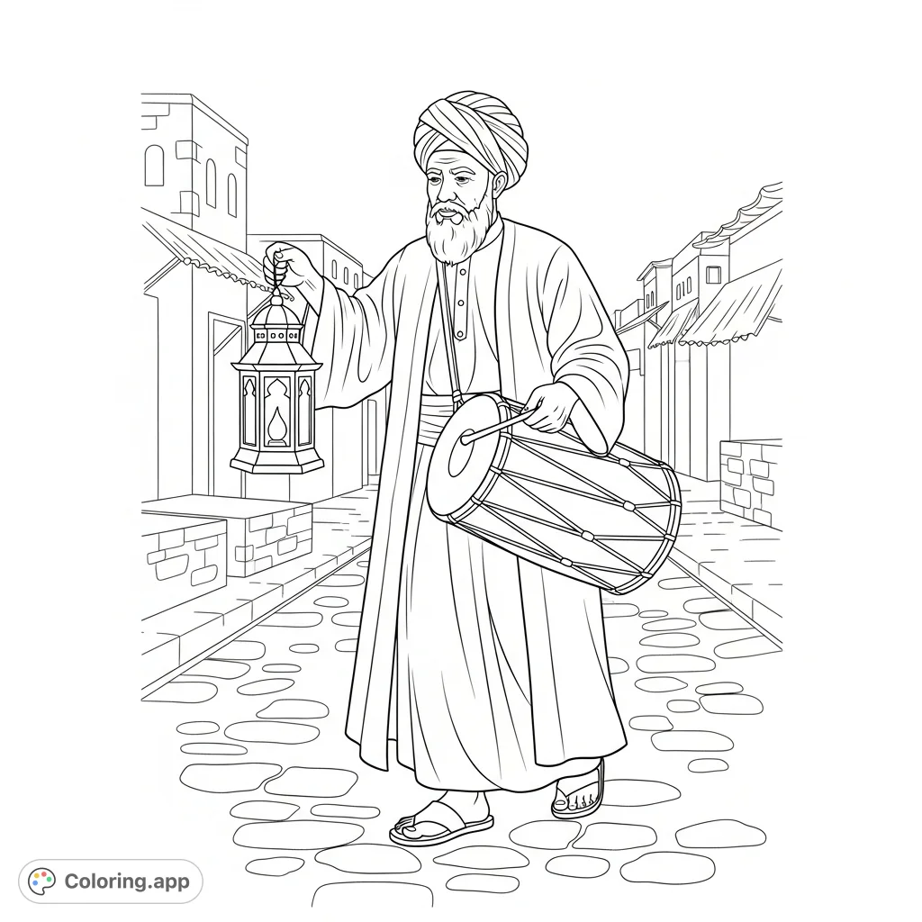 A captivating Mesaharaty coloring page featuring an older man in traditional attire, beating a drum and holding a lantern, walking through an old street. Perfect for all ages.