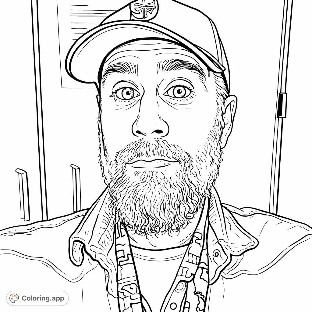 An expressive portrait of a man in a baseball cap and beard, featuring subtle details and textures, perfect for a personalized coloring experience.