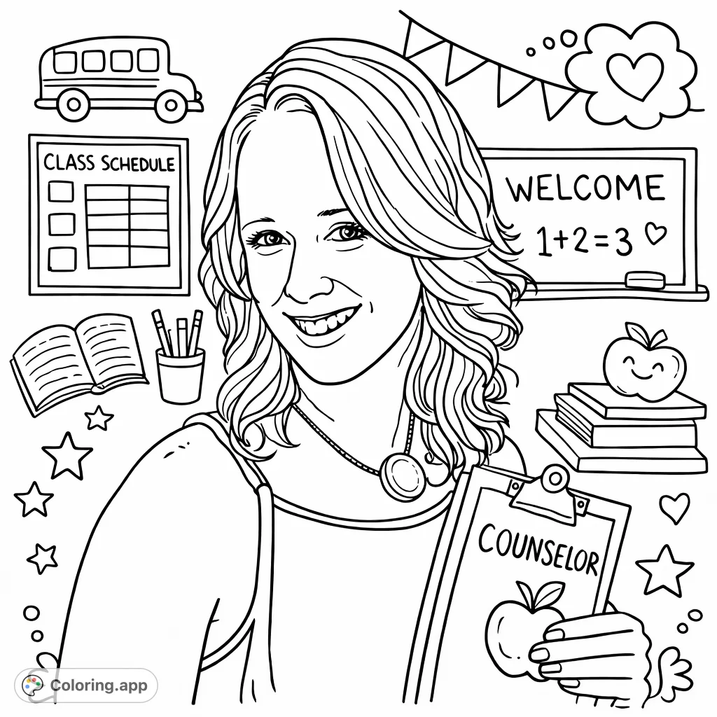 A friendly counselor portrait with a whimsical school pattern background. Perfect for a school-themed coloring page or a thoughtful appreciation gift.