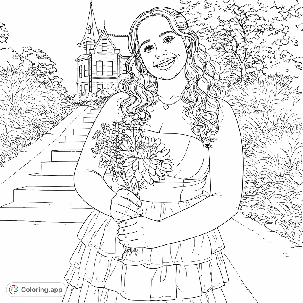 A charming coloring page featuring a smiling woman in a strapless dress holding a bouquet of flowers, set against a backdrop of grand architecture and natural foliage.