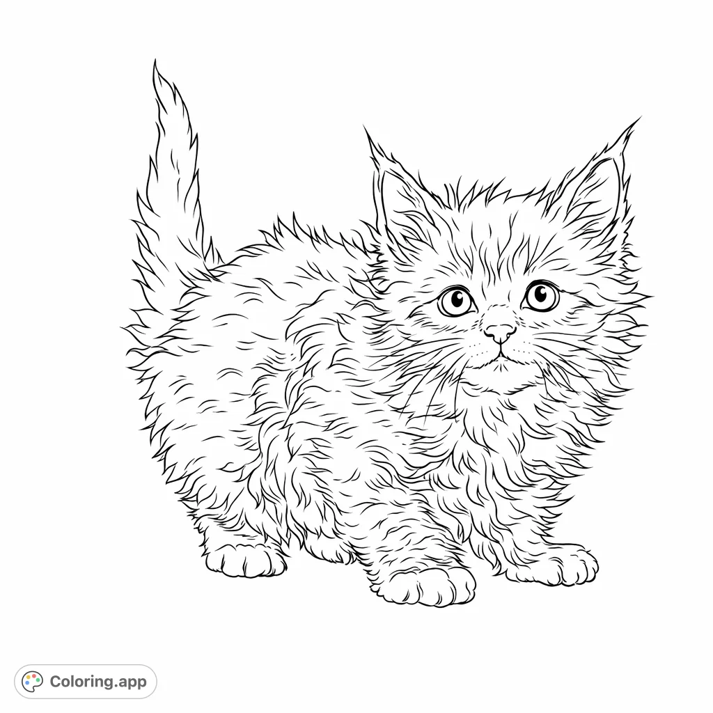 Adorable fluffy kitten posing with curious eyes, perfect for a cozy and delightful coloring experience. A charming kitten coloring page for all ages.