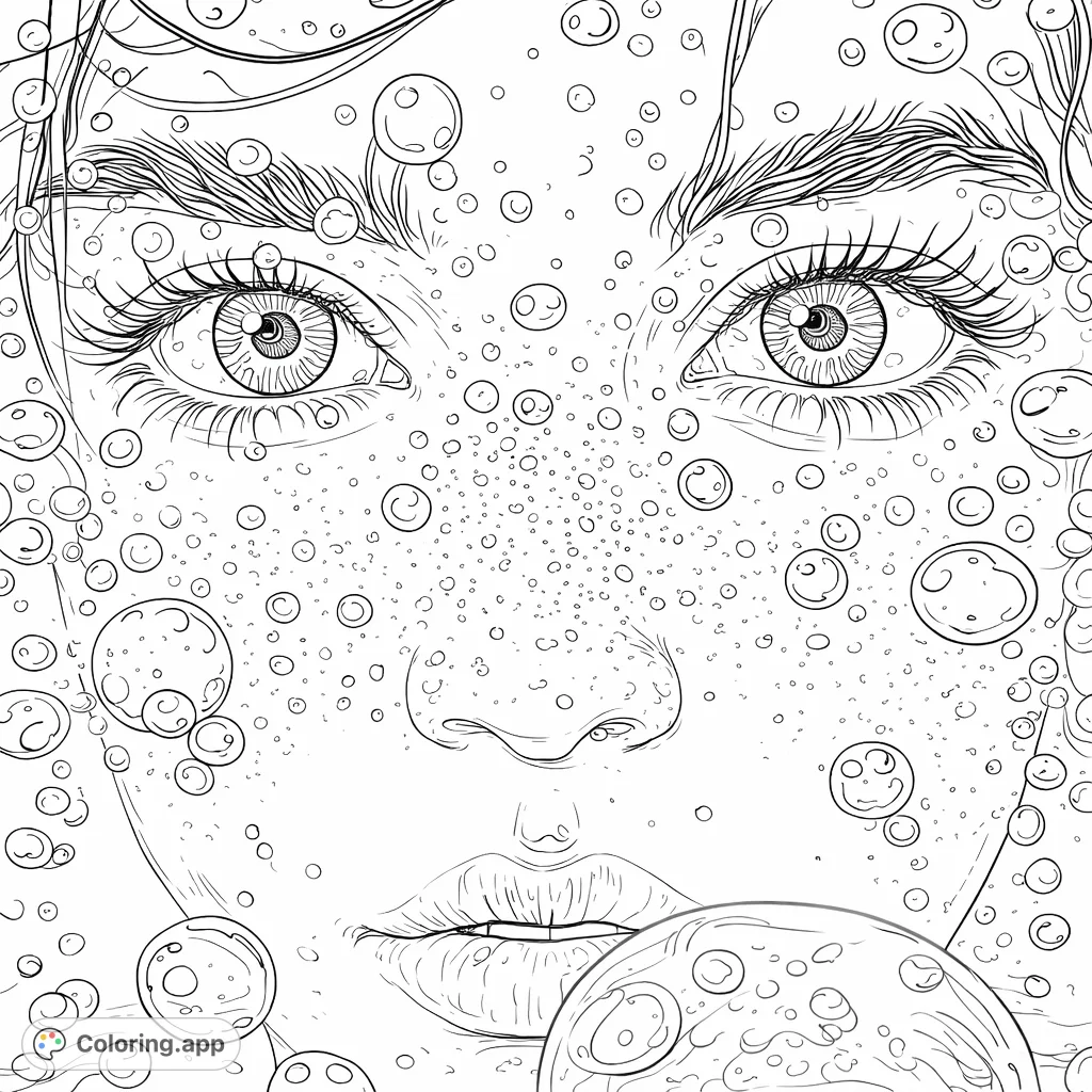 Dive into this captivating underwater face coloring page, featuring a detailed face surrounded by countless buoyant bubbles. A unique challenge for all colorists.