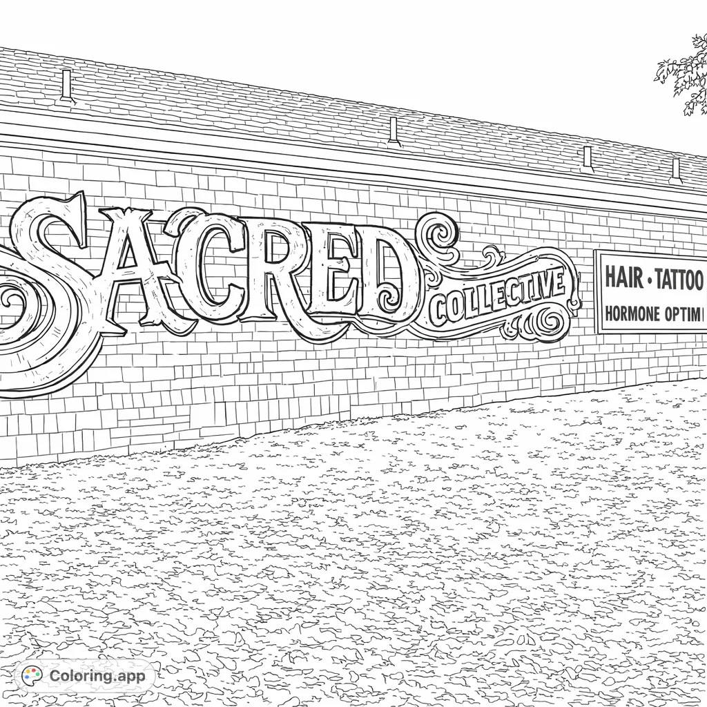 Immerse yourself in street art with a detailed 'Sacred Collective' mural on a brick wall. This free printable coloring page offers intricate typography and textures.