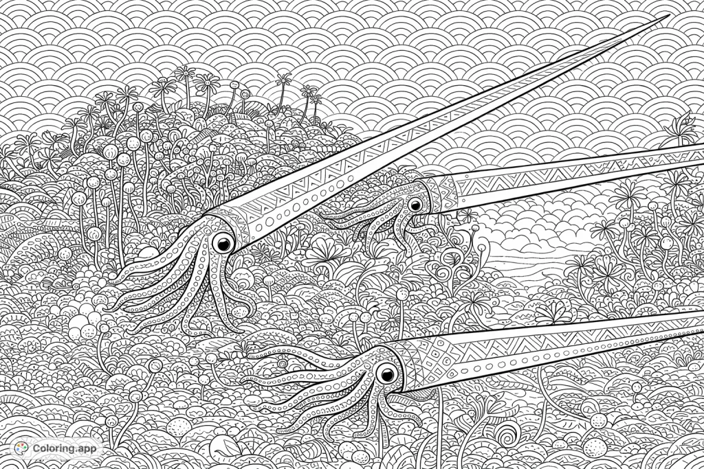 Explore an intricate prehistoric ocean scene featuring ancient cephalopods, diverse marine flora, and detailed geological formations, ideal for advanced colorists.