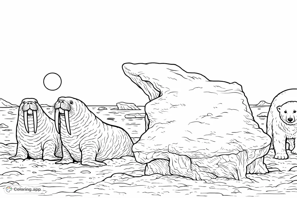 Immerse yourself in an arctic scene featuring walruses, a polar bear, and icebergs under a grand celestial body. A detailed free printable coloring page.
