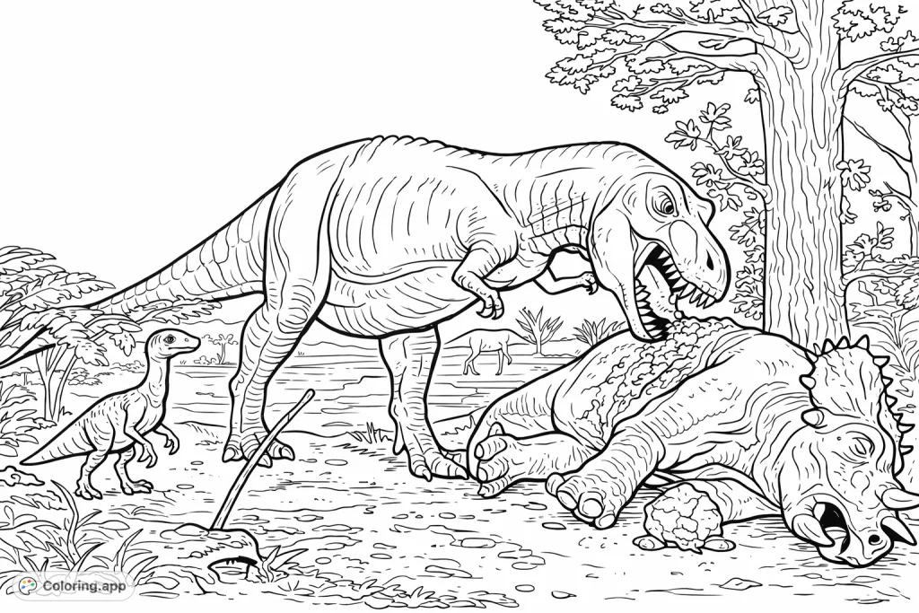 An exciting dinosaur coloring page depicting a fierce predator and its prey in a prehistoric landscape. This free printable dinosaur coloring page offers a thrilling adventure for all ages.